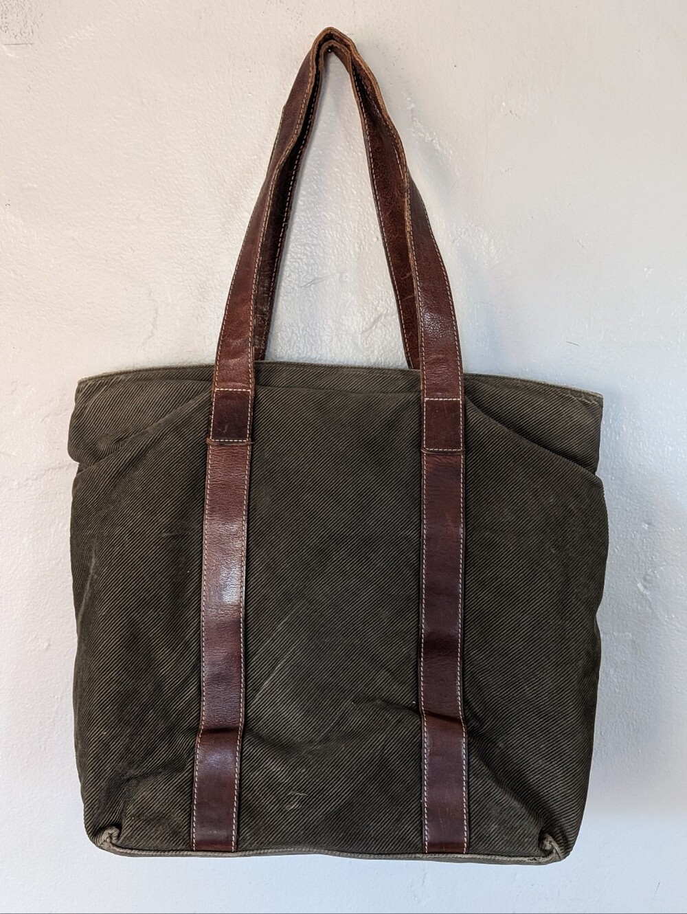 Vintage Banana Republic Olive Corduroy Leather Trim Tote Bag Shoulder Bag